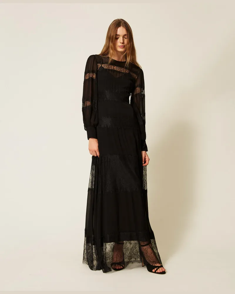 Twin-Set Maxikleid aus Georgette und Spitze Schwarz
