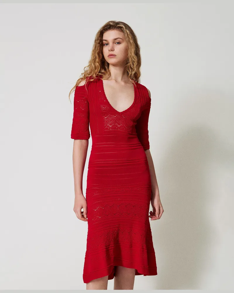 Twin-Set Kleider - Midistrickkleid mit Lochmustern, Hibiscus Red, dunkel, Größe Hibiscus