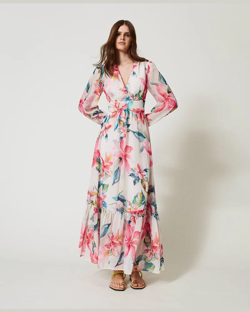 Twin-Set Bademode - Maxikleid aus Georgette mit Blumenprint, Blumenprint Perlmutt / Multicolor, Größe: M 