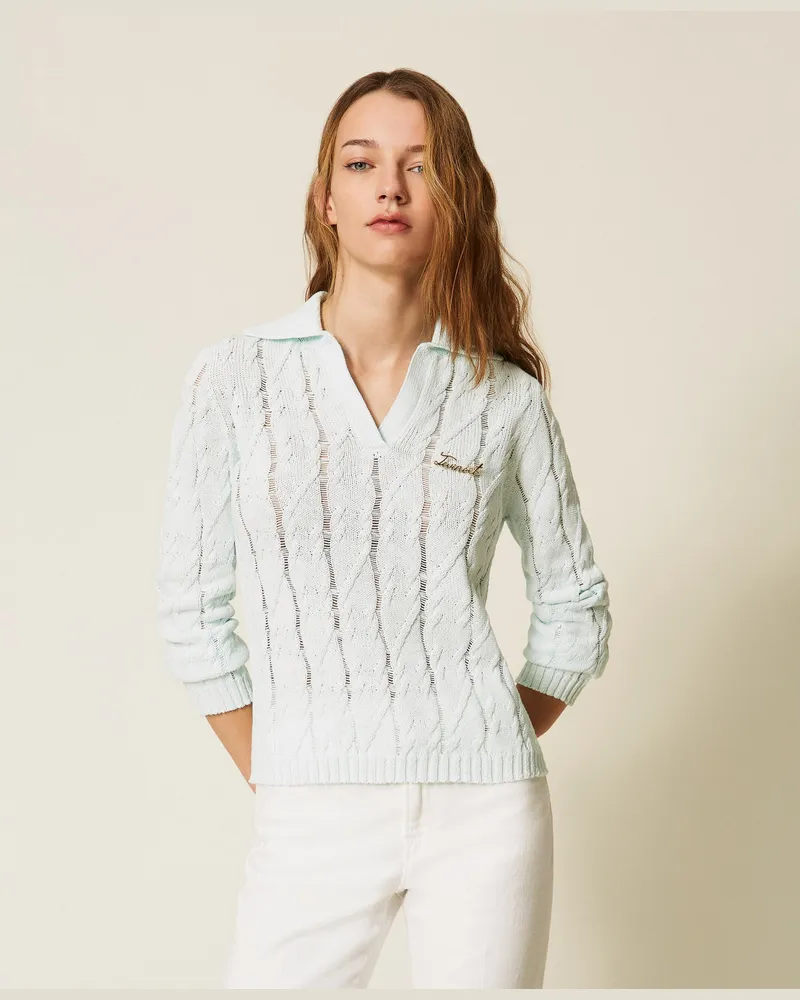 Twin-Set Pullover im Polostil mit Zopfmuster und Brosche, "Aqua"-Hellblau, Baumwolle, Größe Aqua-hellblau