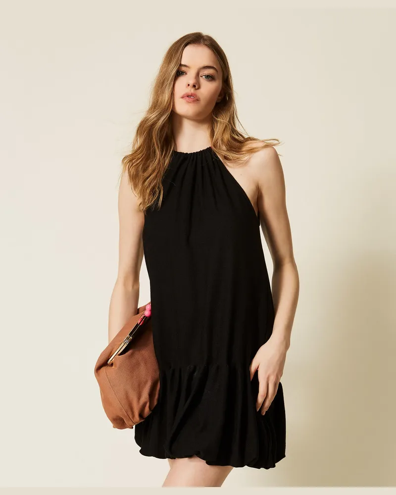 Actitude by Twinset Kleider - MYFO kurzes Kleid aus Strick mit Rüsche, Schwarz, Größe Schwarz