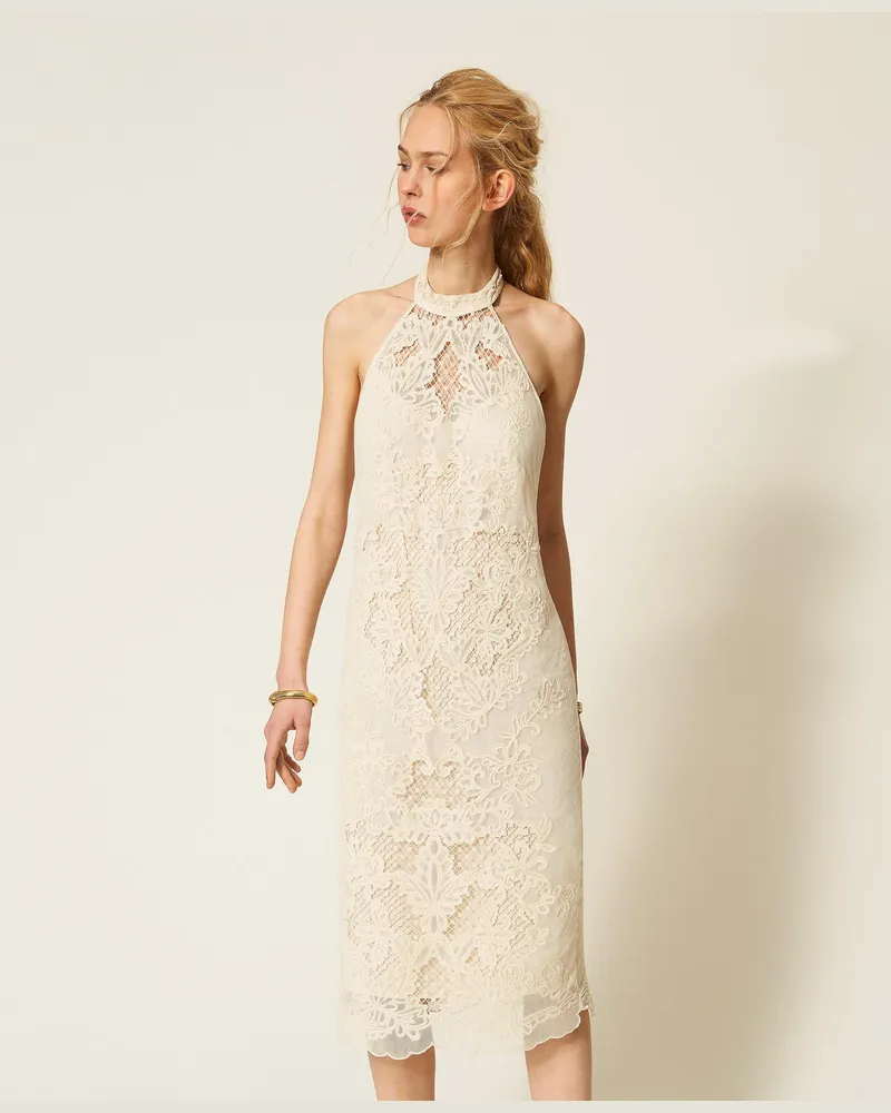 Twin-Set Langes Kleid aus Mesh mit Stickerei Weiß