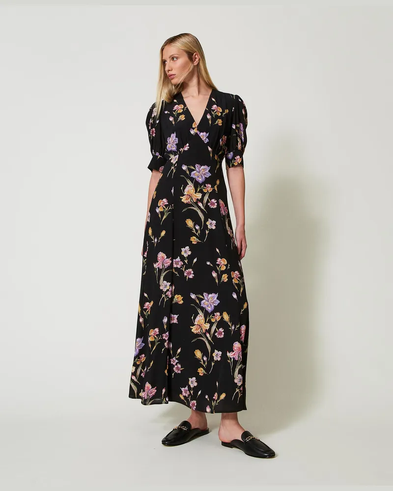 Twin-Set Kleider - Maxikleid aus Crêpe de Chine mit Blumendessin, Print Iris Multicolor / Black, Größe Print