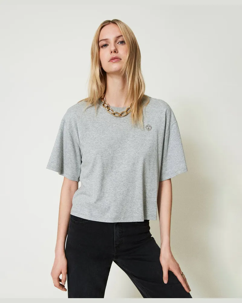Twin-Set T-Shirts - Meliertes T-Shirt mit Oval T, Durchschnittgrau-Mélange, Baumwolle, Größe: XXS 