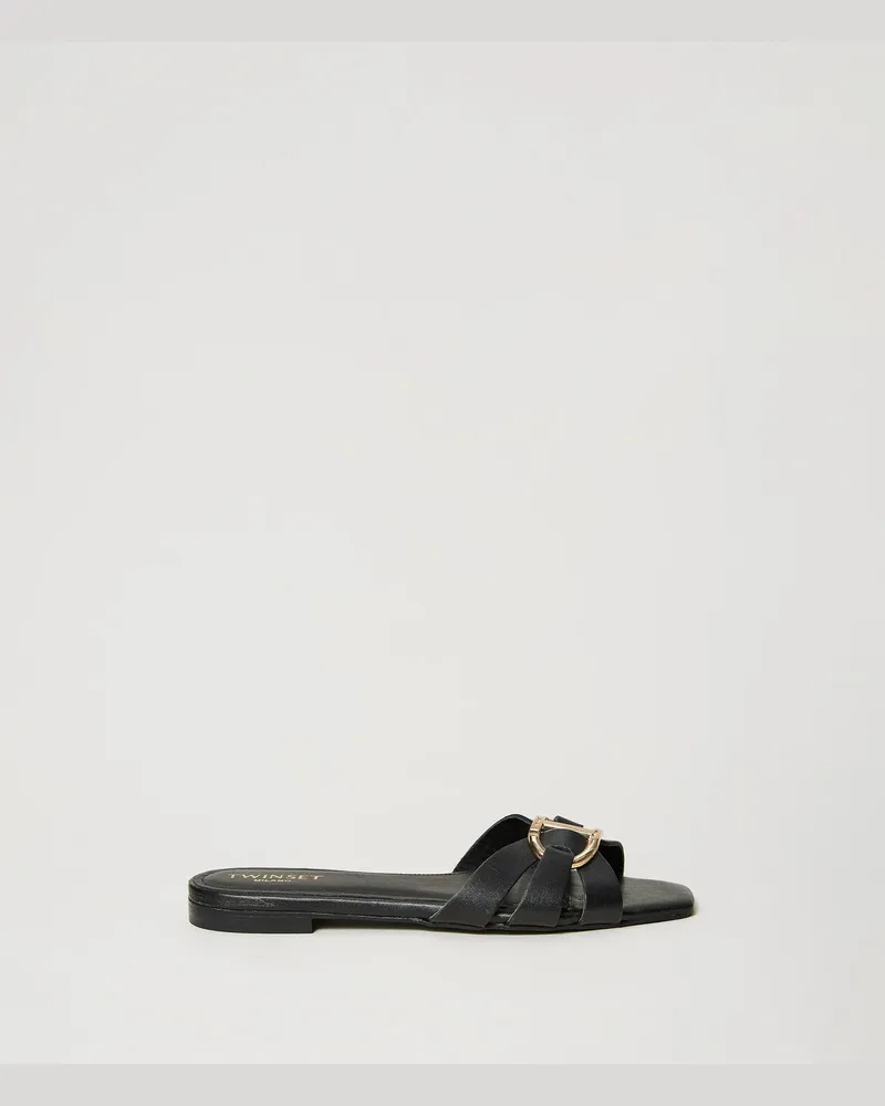 Twin-Set Schuhe - Slide-Pantolette aus Leder mit Oval T, Schwarz, Größe Schwarz