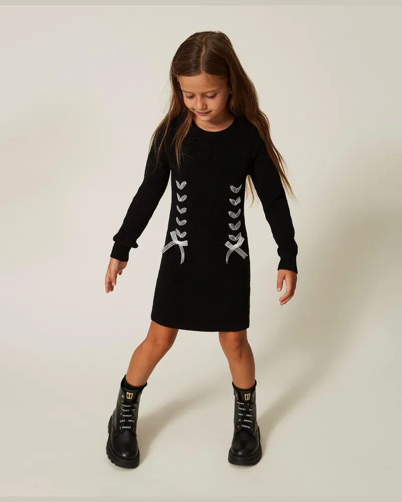 Twin-Set Kurzes Baby-Strickkleid mit Schleifen, Damen, Zweifarbig Schwarz / "Schneeweiß Zweifarbig