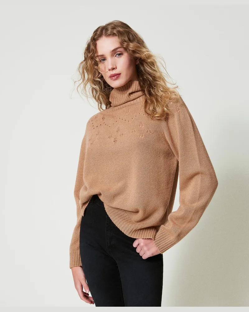 Twin-Set Rollkragenpullover aus Wolle-Lurex-Mischung, Zweifarbig „Sandy Brown" / Goldenes Lurex, Größe: XXL 