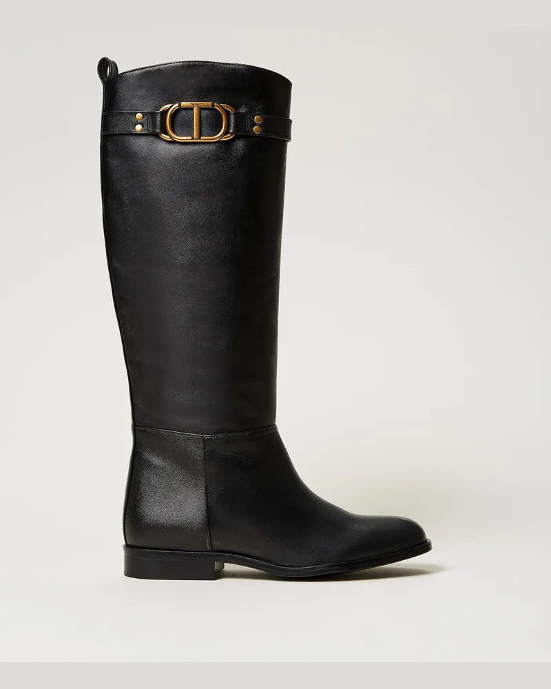 Twin-Set Schuhe - Hoher Stiefel aus Leder mit Oval T, Schwarz, Größe Schwarz