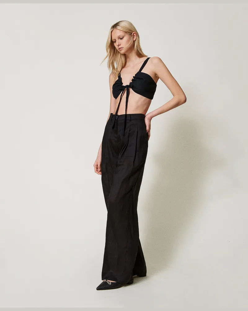 Twin-Set Tops - Top aus Leinen mit Schleife, Schwarz, Größe: 46 