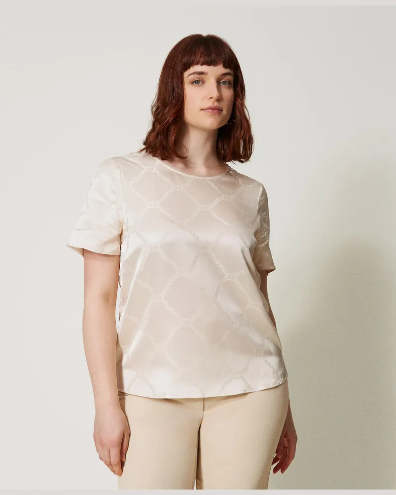 Twin-Set Blusen - Bluse aus „Oval T"-Jacquard, „Old White", Größe „old