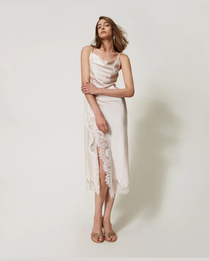 Twin-Set Kleider - Midikleid aus Satin und Spitze, „Old White", Größe „old