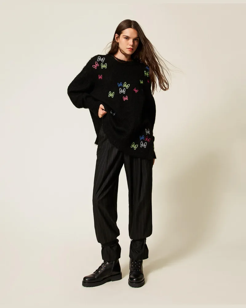 Actitude by Twinset Hosen - Gestreifte Hose MYFO mit Riemen, Black Pinstripe, Größe Black