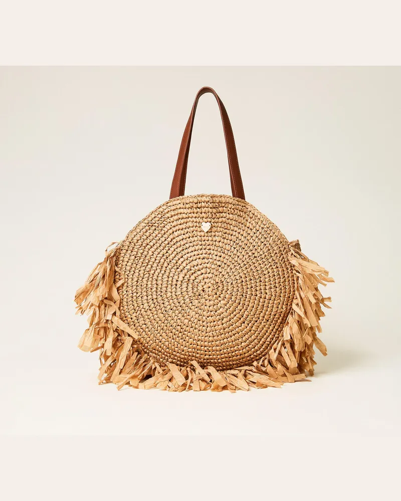 Twin-Set Bademode - Runder Shopper aus Rafia mit Fransen, Stroh, Einheitsgröße Stroh