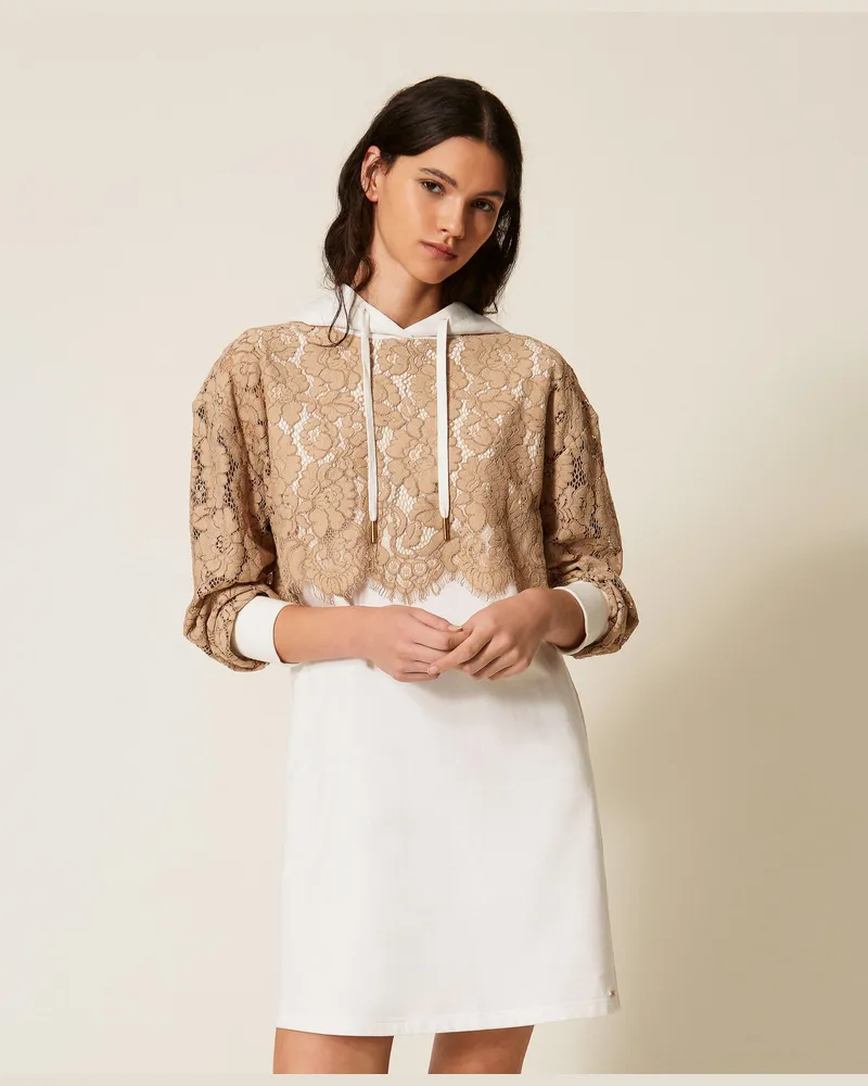 Twin-Set Kleider - Kurzes Kleid aus Sweatstoff und Spitze, Zweifarbig Incense/Off White, Größe Zweifarbig