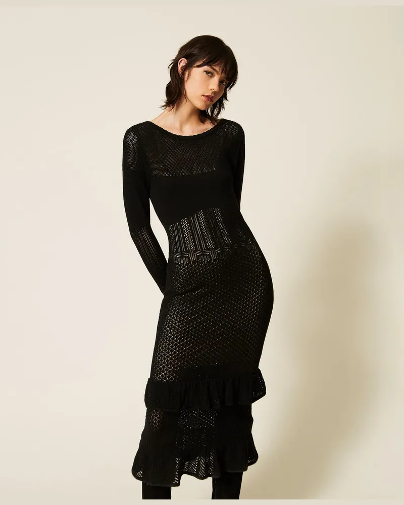 Twin-Set Maxi-Strickkleid aus Wollmischung mit Volant Schwarz