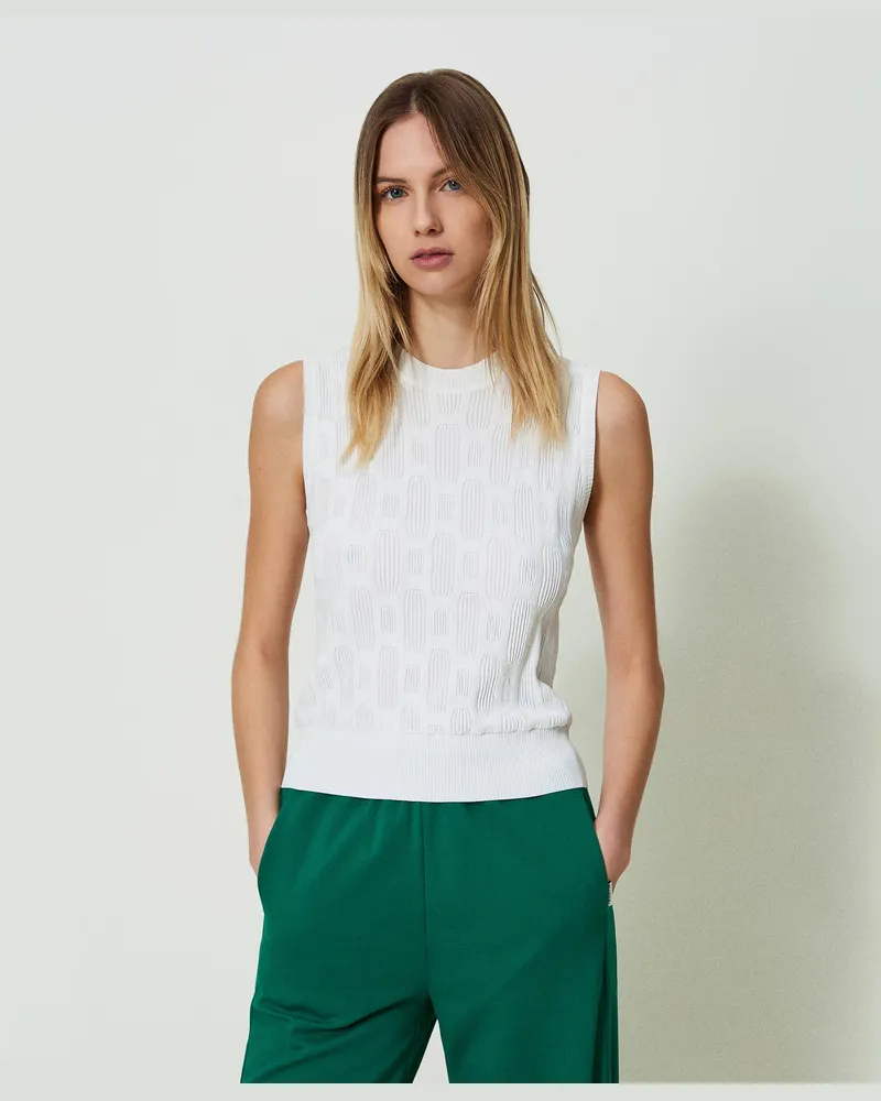 Twin-Set Tops - Stricktop mit geometrischem Motiv, Mattweiß, Größe: L 