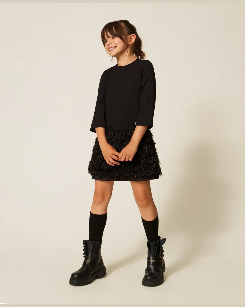 Twin-Set Kurzes Kleid mit Kunstpelz, Damen, Schwarz Schwarz