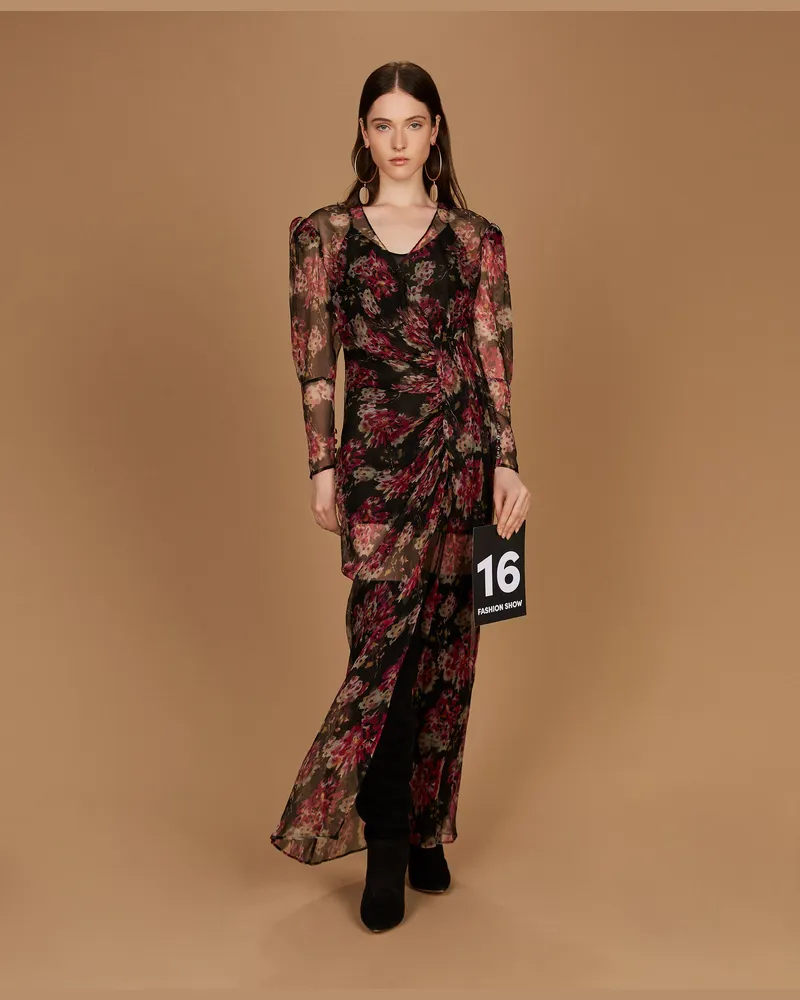 Twin-Set Langes Kleid aus Seidenkrepon mit floralem Dessin, Damen, Blumenprint Schwarz / Magenta Blumenprint