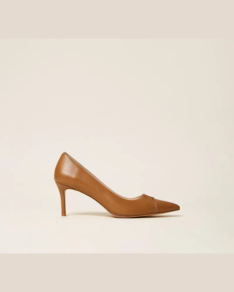 Twin-Set Pumps aus Leder mit Logo Tobacco