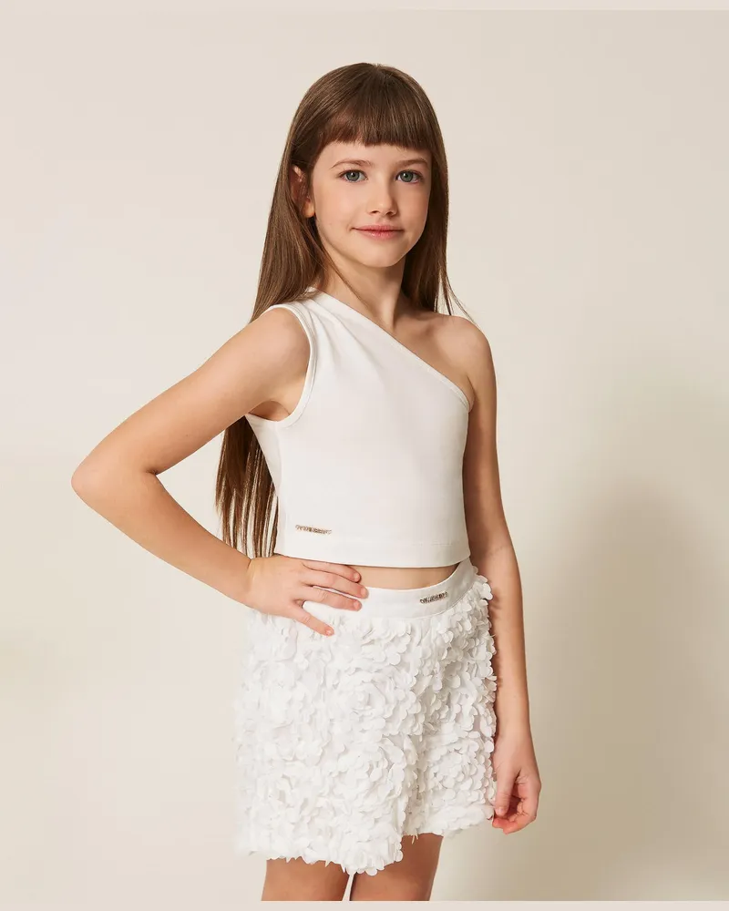 Twin-Set Tops - Einschultriges Top mit Logo, Mattweiß, Baumwolle, Größe Mattweiß