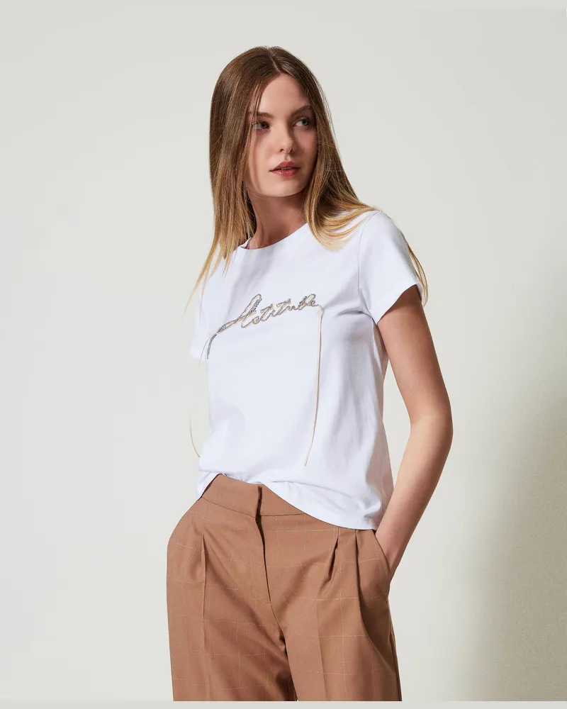 Actitude by Twinset T-Shirts - T-Shirt mit Logo und Strass, "Papers"-Weiß, Größe: XS 