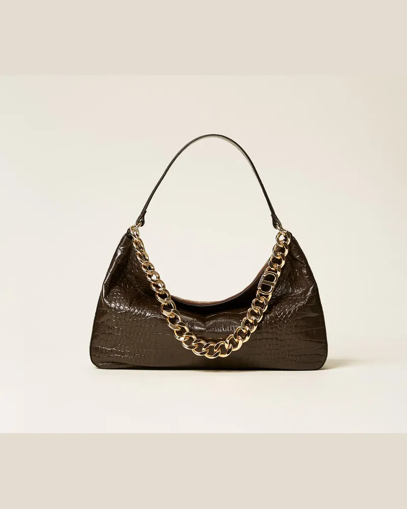 Twin-Set Taschen - Tasche „Liliane" aus Leder mit Krokoprägung, Black Chocolate, Einheitsgröße Black
