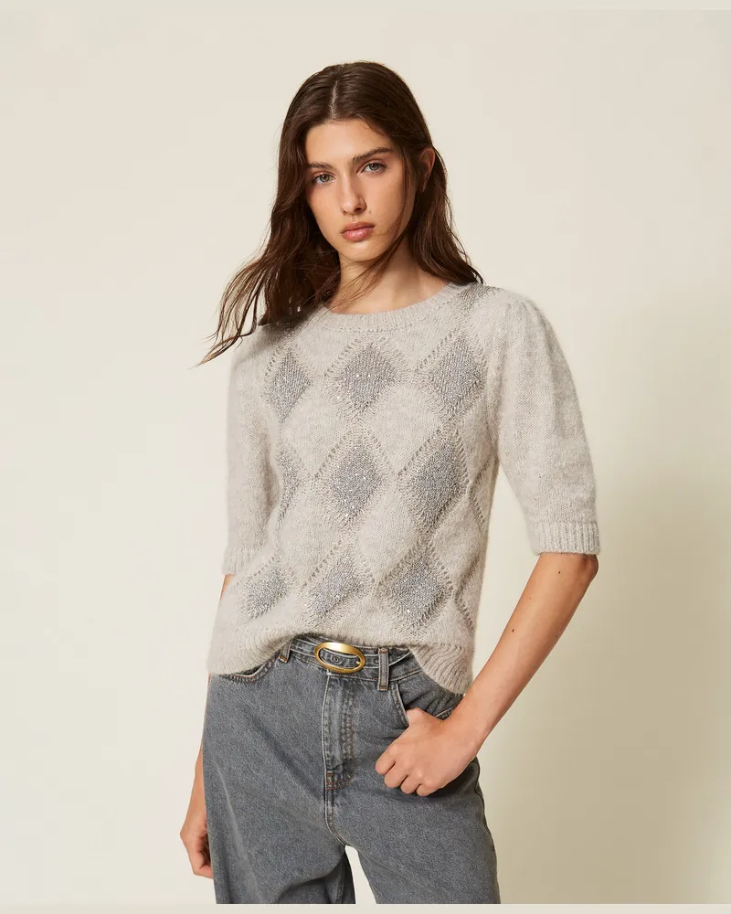 Twin-Set Jacquard-Pullover mit Rhombenmuster und Pailletten Hellgrau-melange