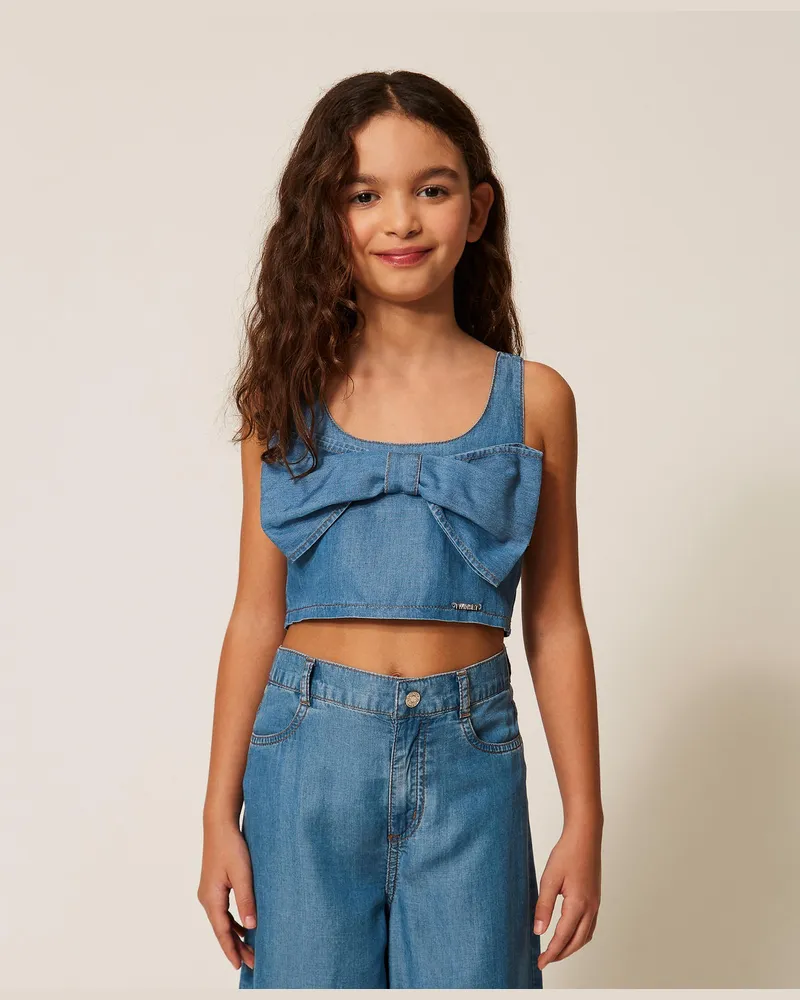 Twin-Set Tops - Cropped-Top mit Maxi-Schleife, Chambray Mid Blue, Jeans, Größe Chambray