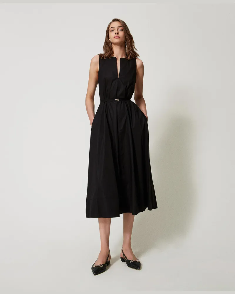 Twin-Set Kleider - Ärmelloses Maxikleid aus Popeline, Schwarz, Baumwolle, Größe Schwarz