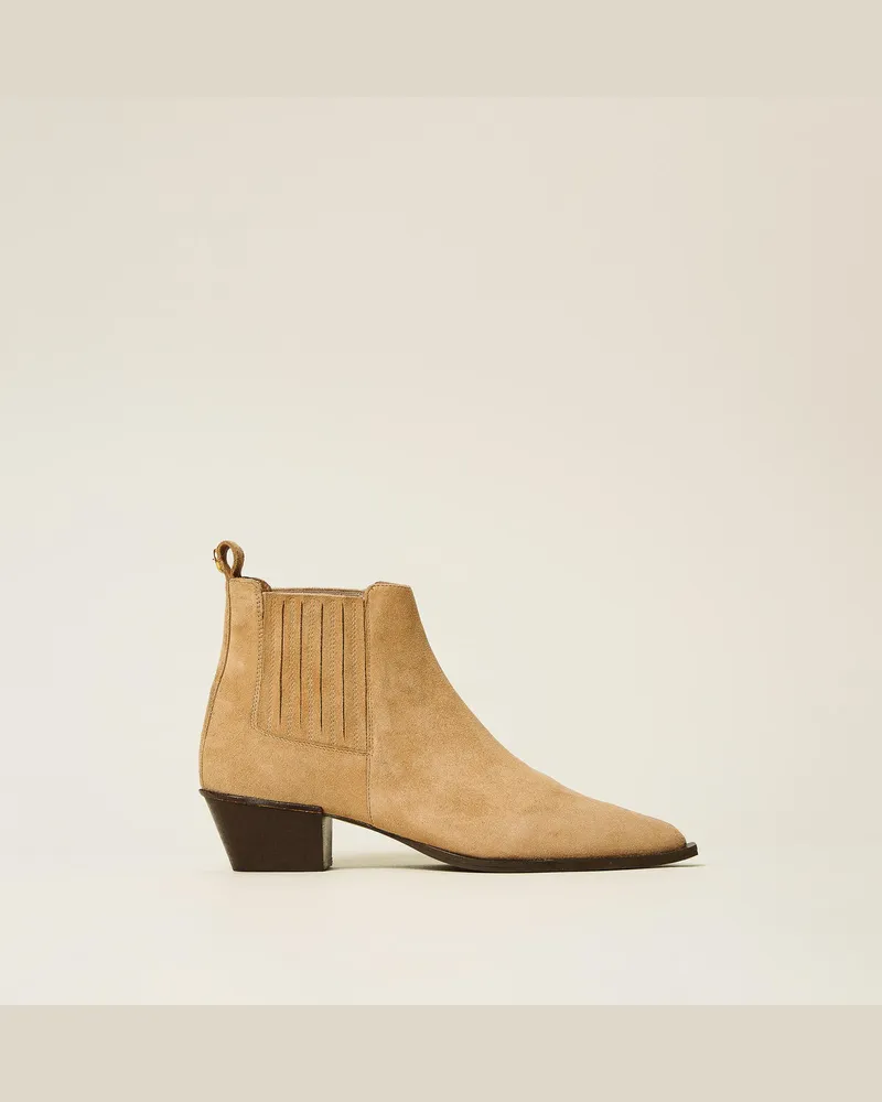 Twin-Set Schuhe - Cowboystiefelette aus Rauleder, Camel, Größe Camel