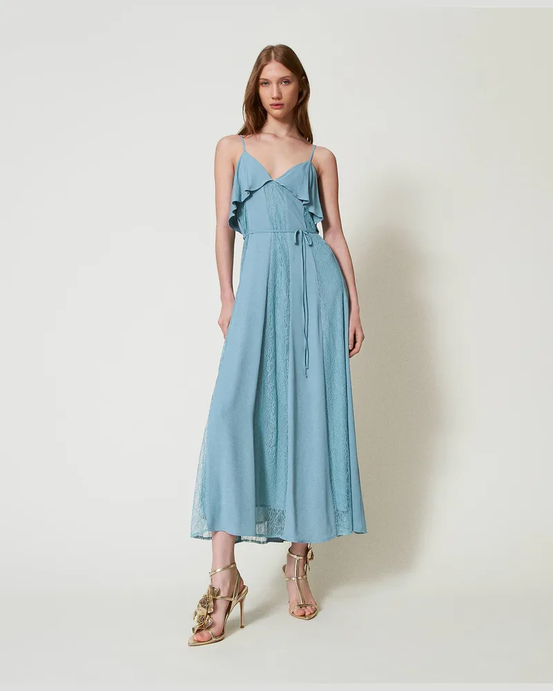Twin-Set Kleider - Maxikleid aus Krepp und Chantillyspitze mit Volants, "Zuckerpapier"-Grau, Größe Zuckerpapier-grau