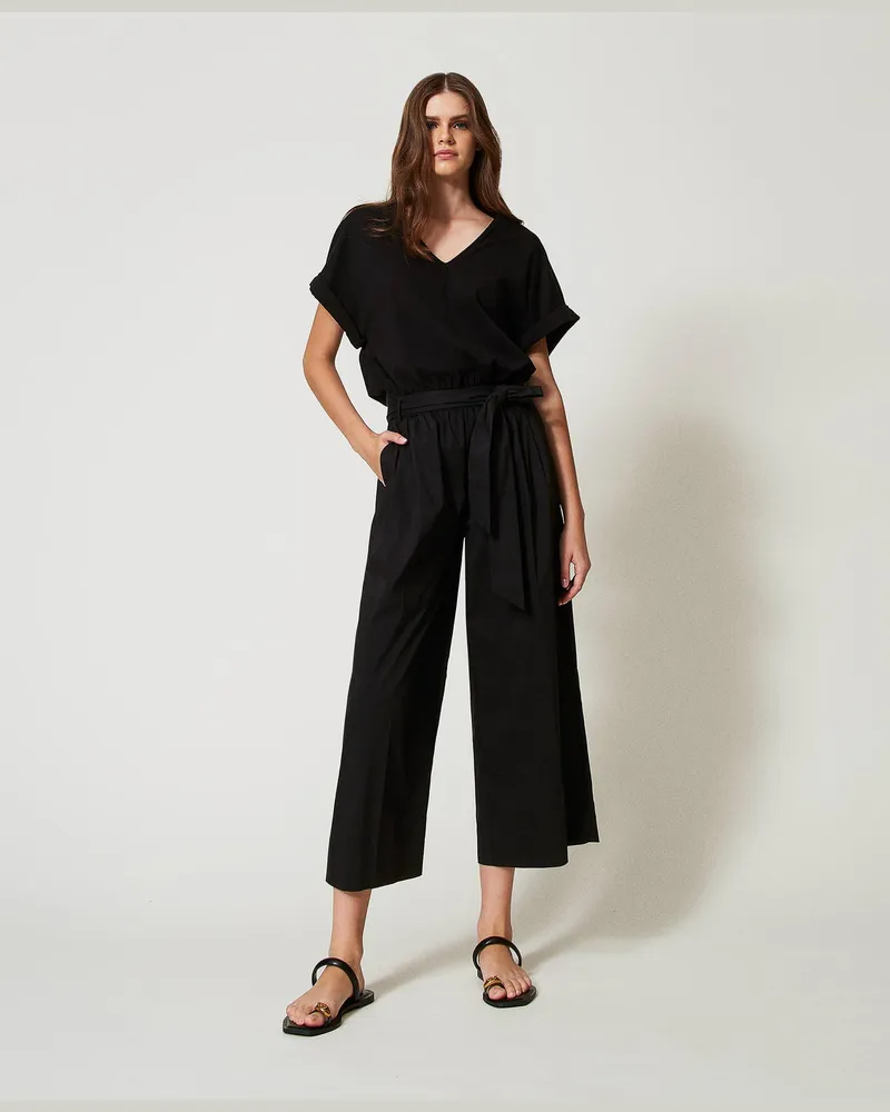 Twin-Set Bademode - Jumpsuit aus Popeline mit Gürtel, Schwarz, Baumwolle, Größe: S 