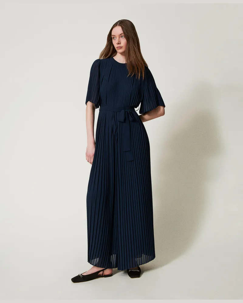 Twin-Set Kleider - Langer Jumpsuit aus Crêpe-Georgette, Blue Night, Plissee, Größe Blue