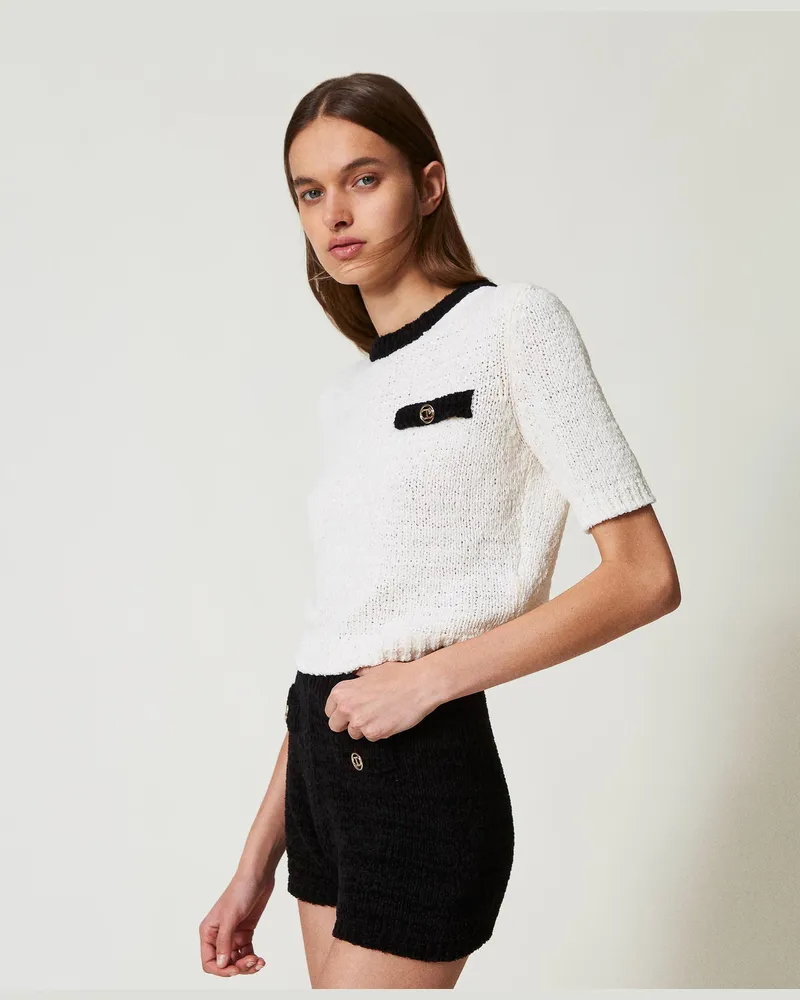 Twin-Set Hosen - Strickshorts mit „Oval T"-Knöpfen, Schwarz, Baumwolle, Größe Schwarz