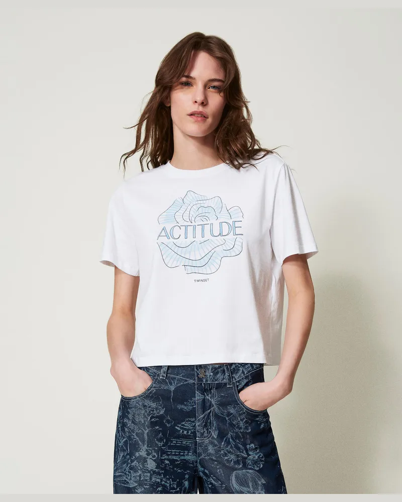 Twin-Set T-Shirts - T-Shirt mit Print und Stickerei, Papers / Actitude Rose-Print, Baumwolle, Größe Papers