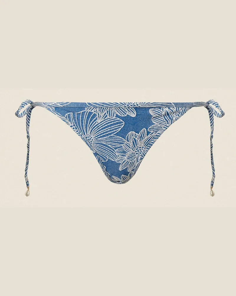 Twin-Set Bademode - Bikinitanga aus Jacquard mit Perlen, Jacquard Mittelmeerblau/Off White, Mit Blumen, Größe Jacquard