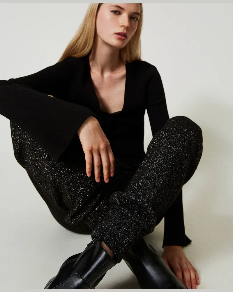 Twin-Set Hosen - Strick-Joggers aus Wolle-Lurex-Mischung, Zweifarbig Schwarz / Goldenes Lurex, Größe Zweifarbig