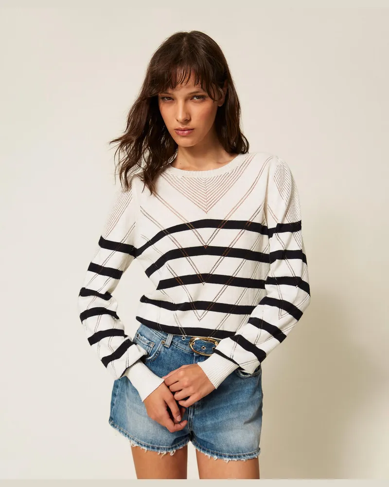 Twin-Set Pullover mit Rundhalsausschnitt aus Baumwolle und Kaschmir im Streifendessin, Streifen Schneeweiß/Blue Night, Gestreift, Größe Streifen