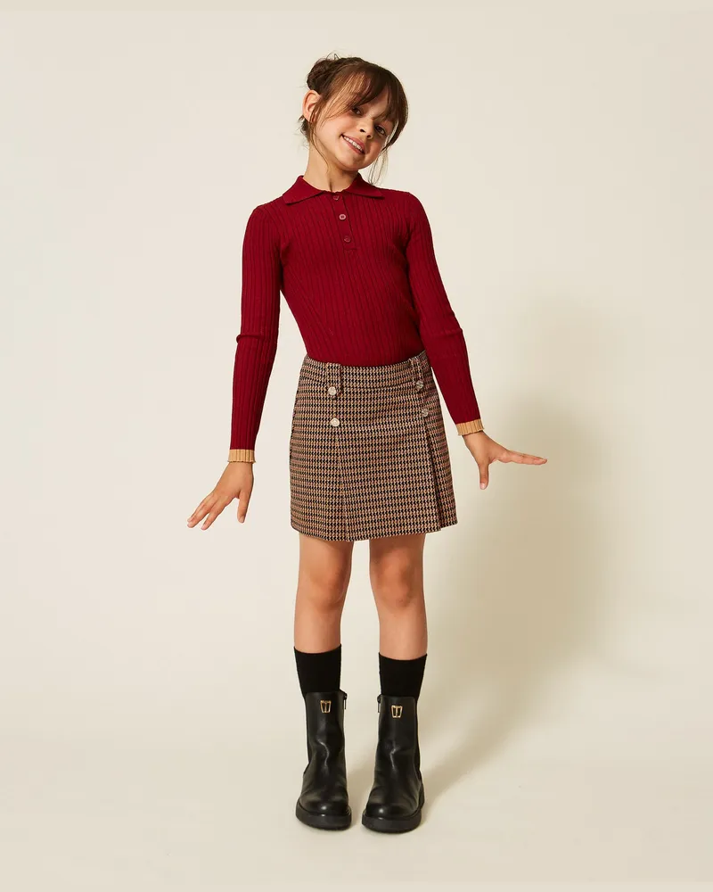 Twin-Set Minirock mit Hahnentrittmuster, Damen, Hahnentrittmuster "Iced Coffee"-Braun / Red Ruby Hahnentrittmuster