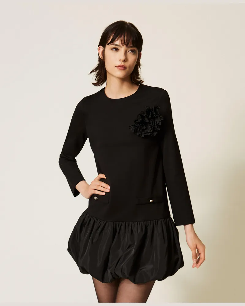 Twin-Set Kurzes Kleid mit Taftrock, Damen, Schwarz Schwarz