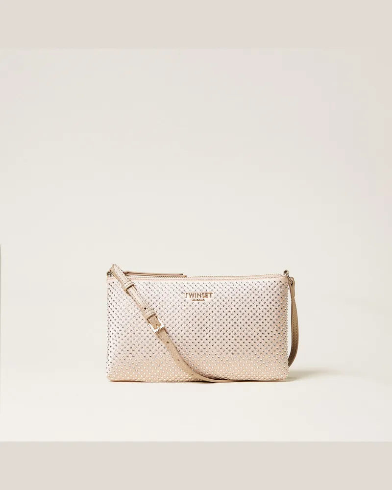 Twin-Set Mini-Umhängetasche aus Satin mit Strass, Damen, Delicate Beige Delicate