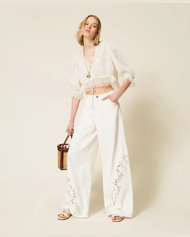 Twin-Set Hosen - Hose aus Bull-Denim mit Stickerei, Weiß Schnee, Baumwolle, Größe Weiß