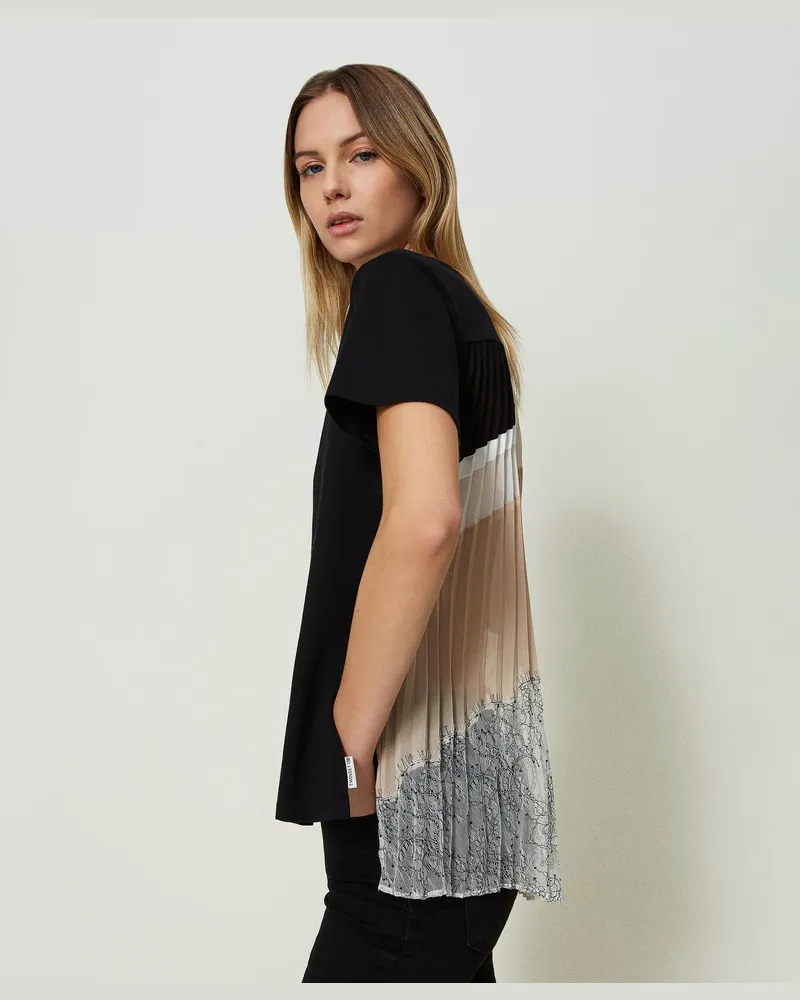Twin-Set T-Shirts - T-Shirt mit Plisseevolants und Spitze, Multicolor Schwarz / „Champagne"-Beige / Off White, Größe: XS 