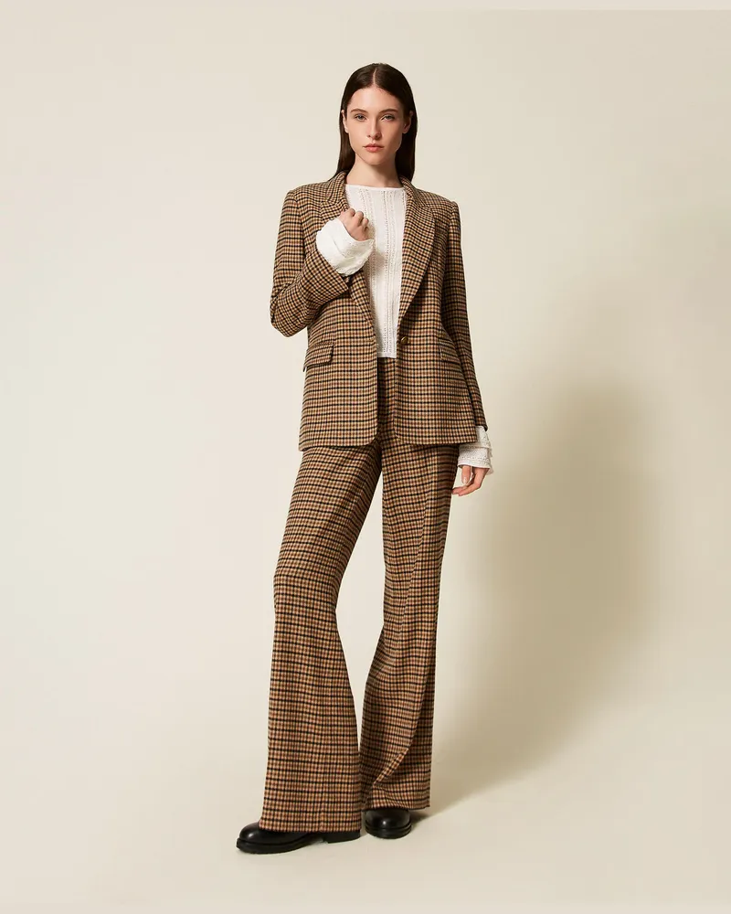 Twin-Set Hosen - Karierte Hose aus Wollmischung, Small Check Kamelbraun / Schwarz, Größe Small
