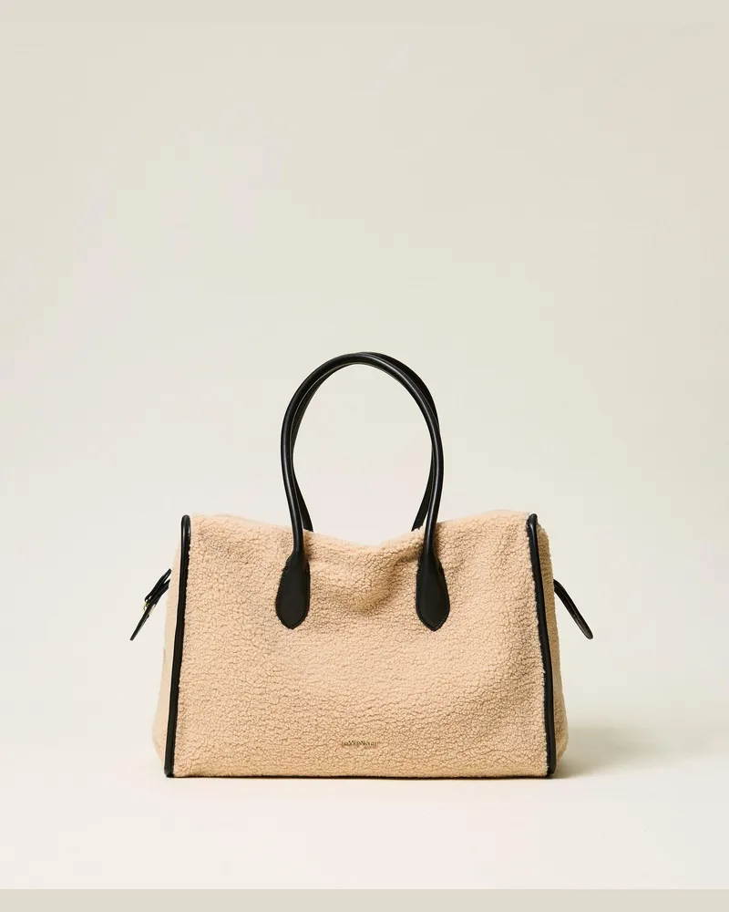 Twin-Set Bowling-Bag aus Kunstpelz, Damen, "Crystal Sand"-Beige Crystal