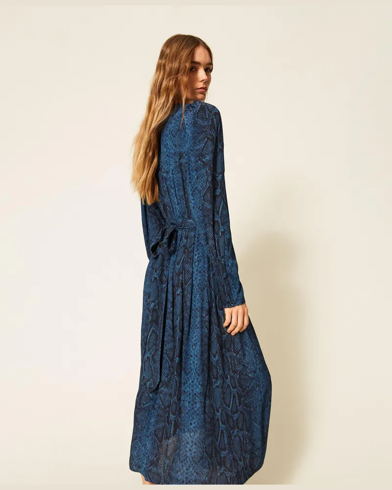 Twin-Set Maxikleid mit Rundhalsausschnitt und Pythonprint, Damen, Pythonprint Blue Violet / Black Pythonprint