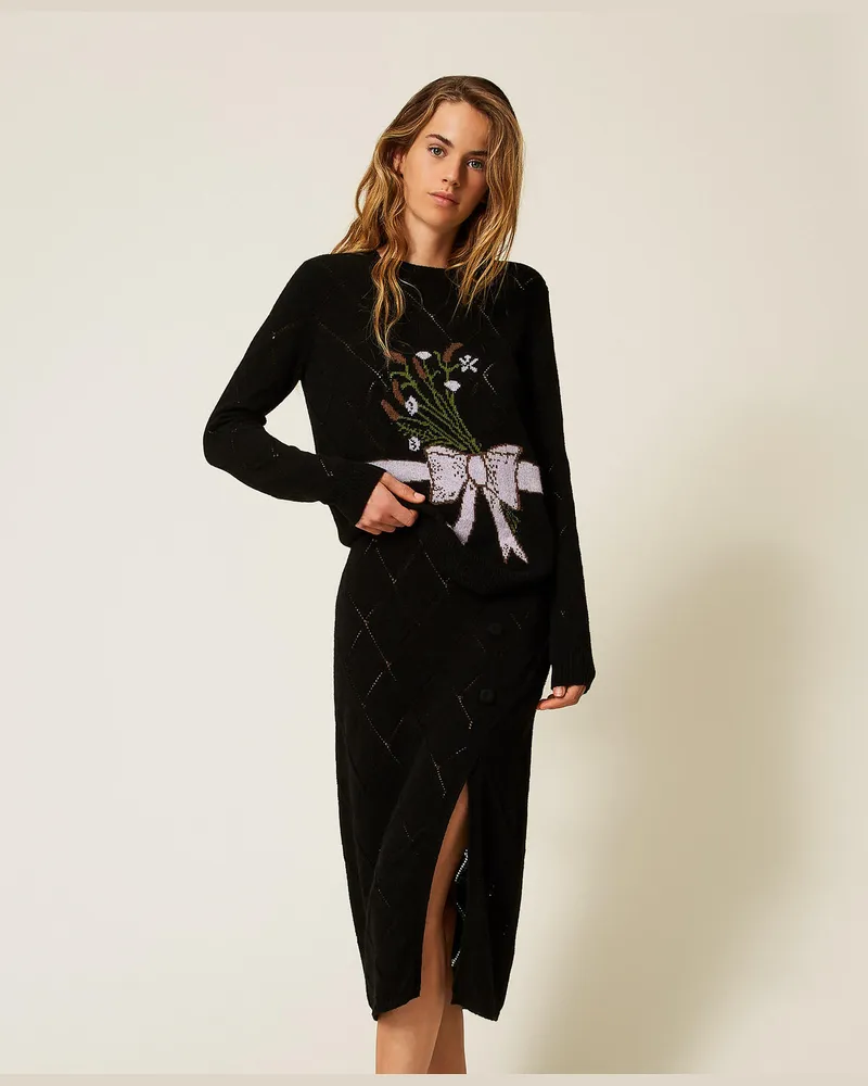 Twin-Set Röcke - Midirock aus Treeblend-Garn, Schwarz, Wolle, Größe: XXL 