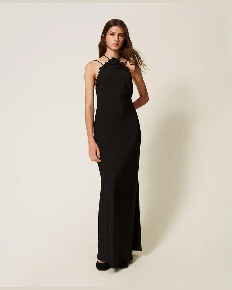 Twin-Set Maxikleid aus Satin mit Stickerei Schwarz