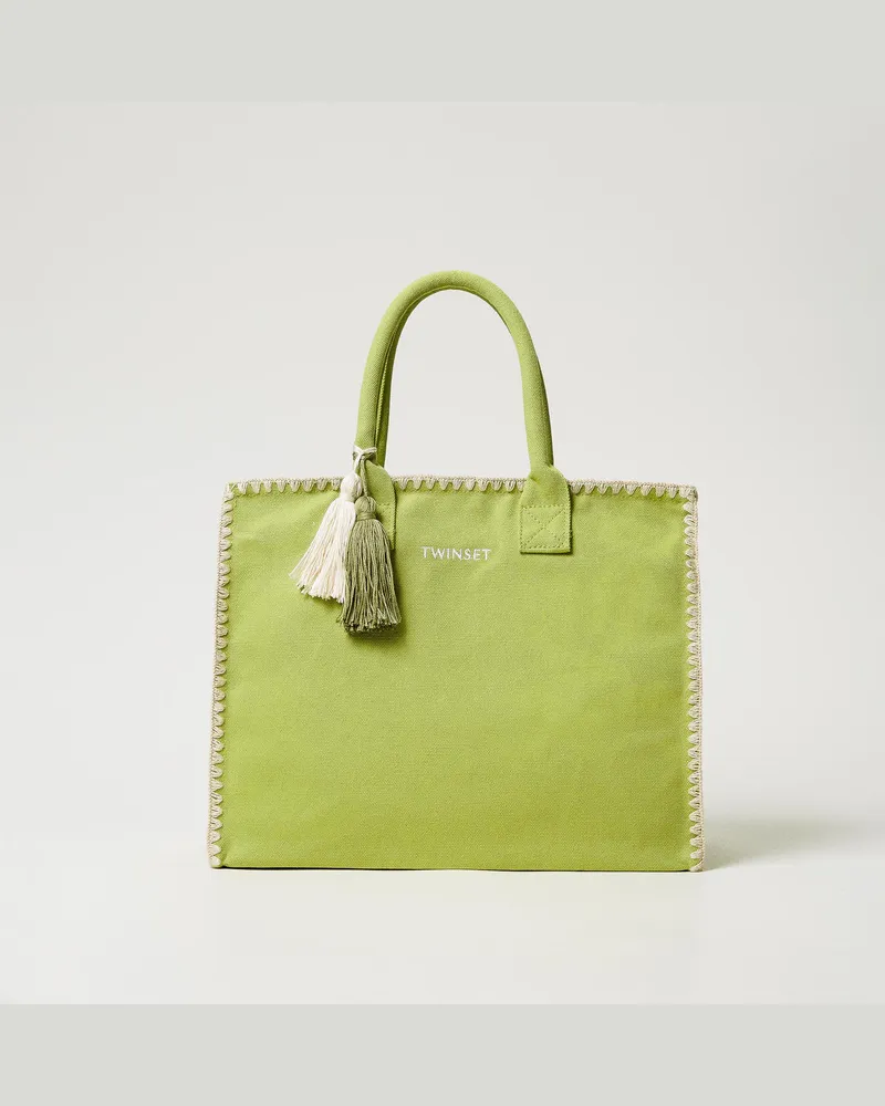 Twin-Set Bademode - Shopper aus Canvas mit Stickerei, Green Grenoble, Einheitsgröße 
