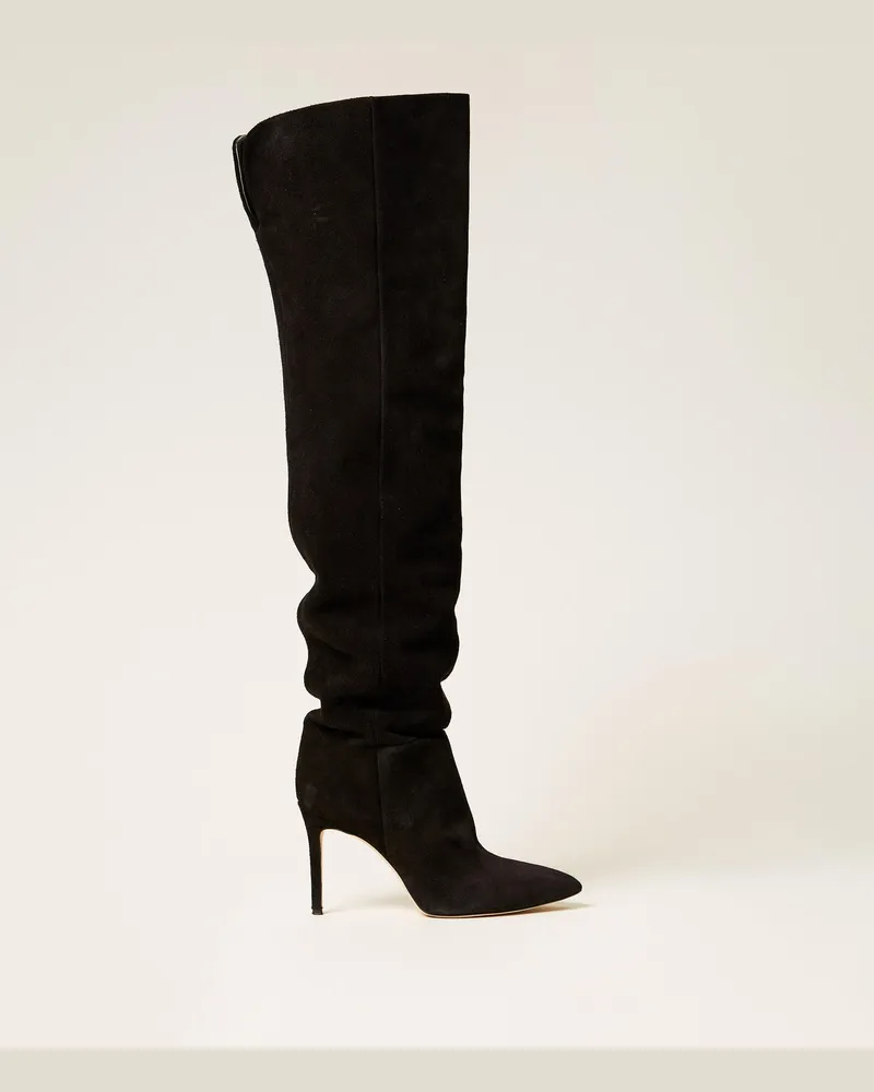 Twin-Set Schuhe - Hoher Stiefel aus Veloursleder, Schwarz, Größe Schwarz